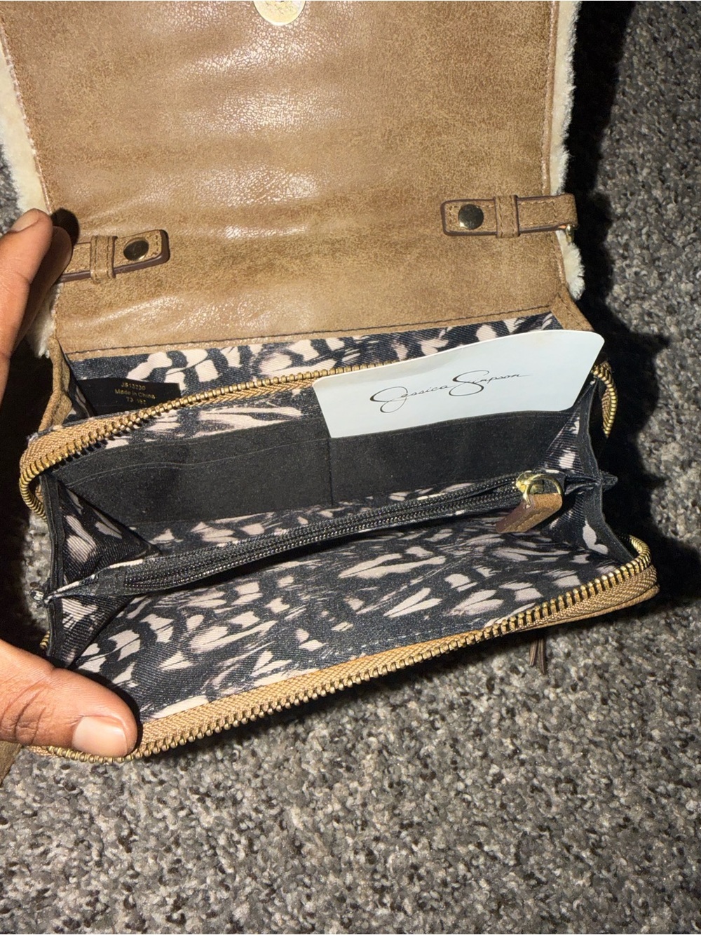 Jessica Simpson Taupe Faux-Suede Fold Wallet with Patterned Interior